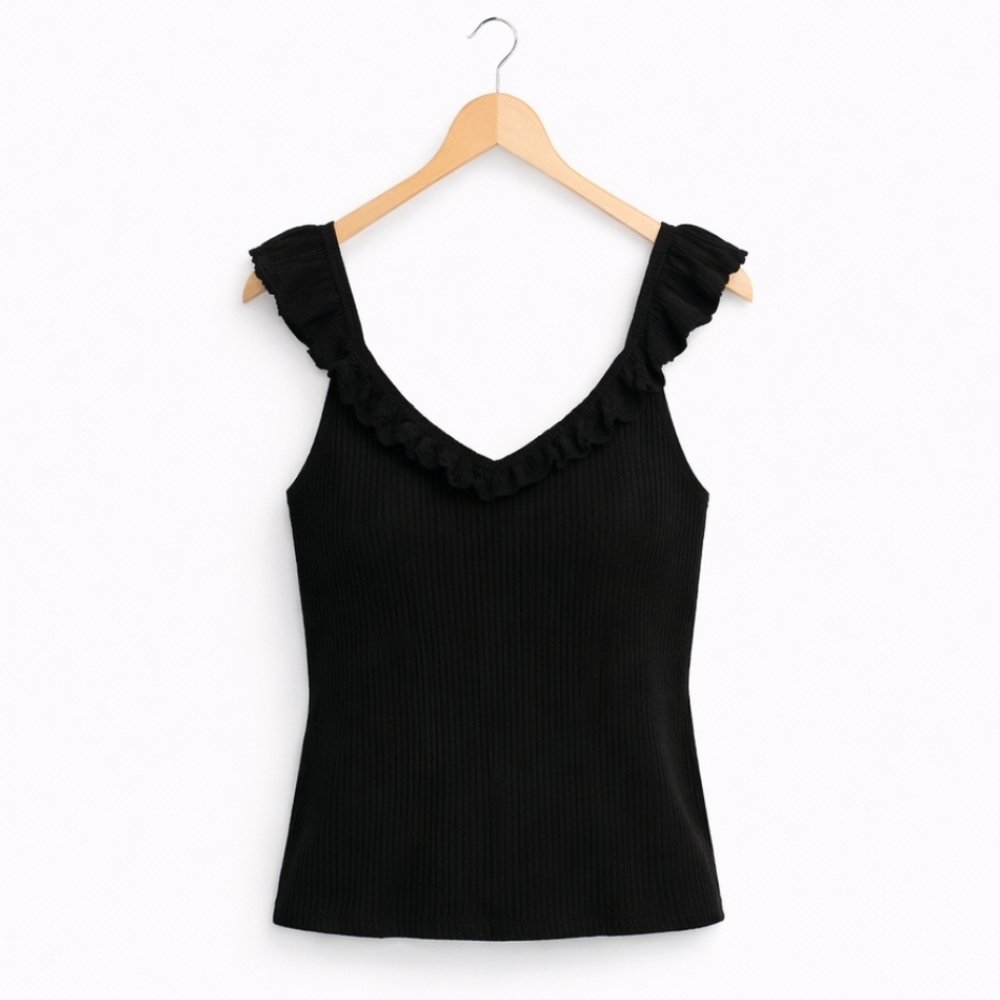Gap Black Ribbed Knit Ruffled Vneck Top Sz Lg